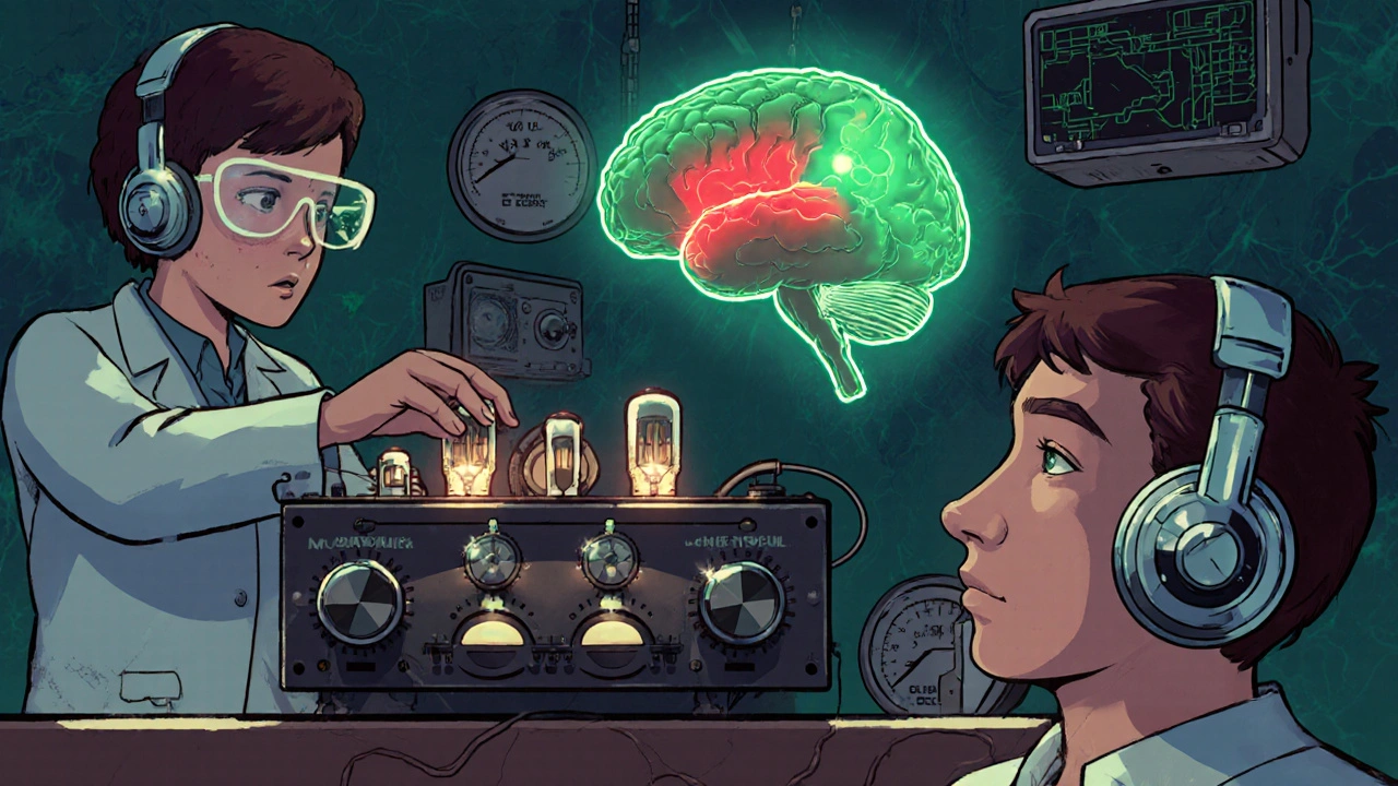 A scientist adjusting a glowing sound generator while a holographic brain shows fear signals fading to calm.