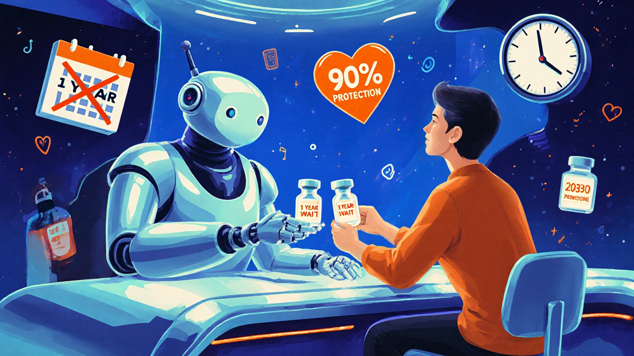 Android pharmacist hands two glowing vaccine doses at a futuristic pharmacy with floating health icons.