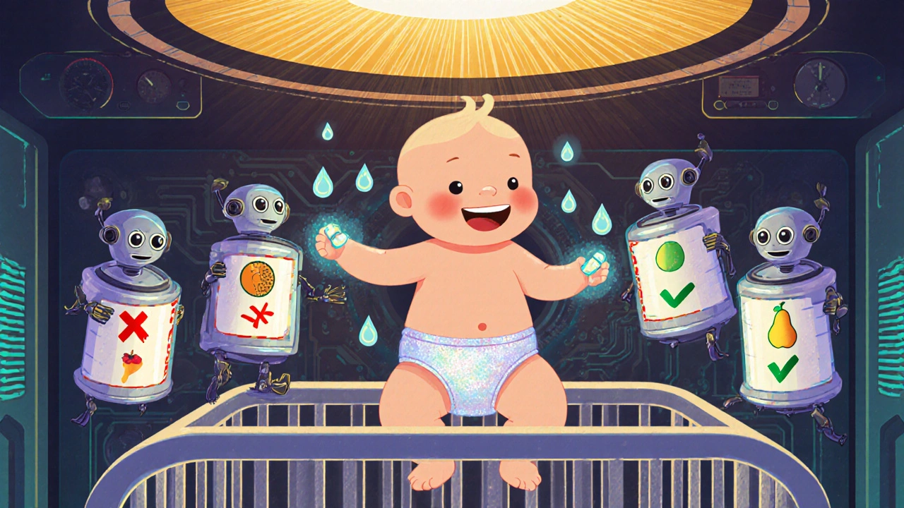 Baby in a zero-gravity crib with nano-diaper and friendly robots cleaning skin under glowing food labels.