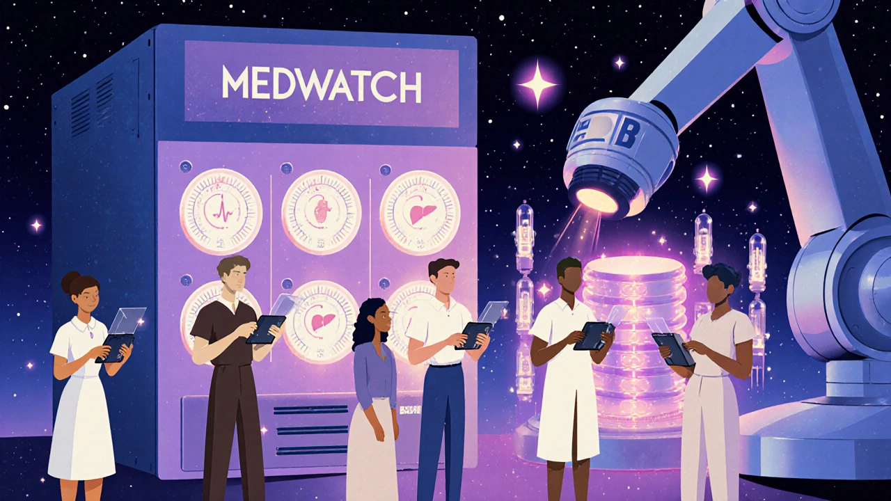 Diverse patients using holographic tablets to report side effects to a glowing FDA mainframe in vintage space-age setting.