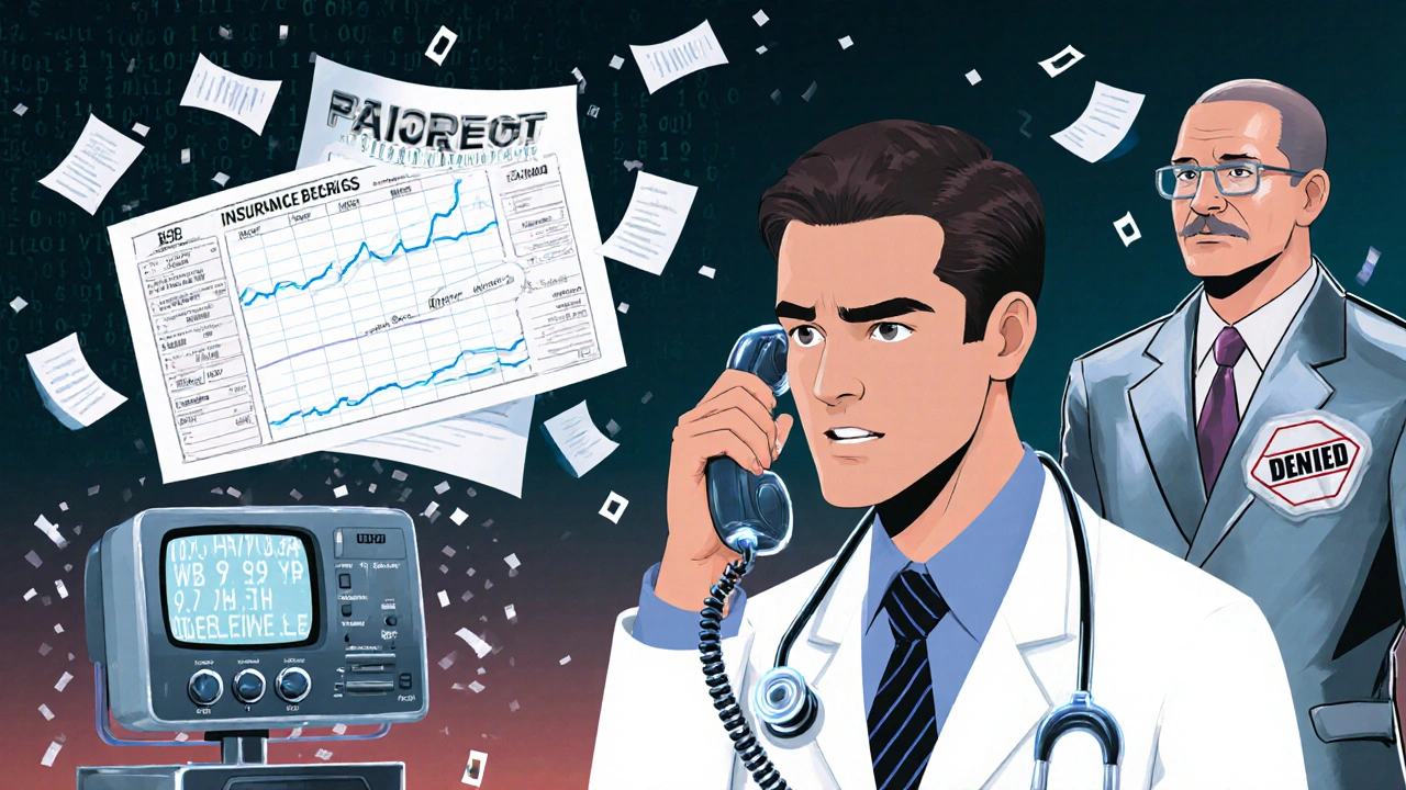 Doctor on retro-futuristic phone arguing with insurance bureaucrat while medical data floats in the air.