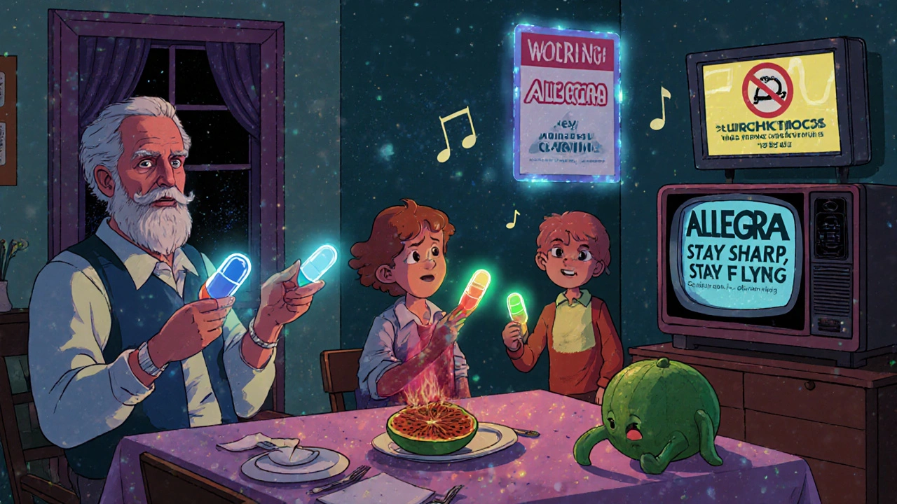 Family at dinner with color-coded antihistamine capsules and a holographic warning sign near a sneaky grapefruit.