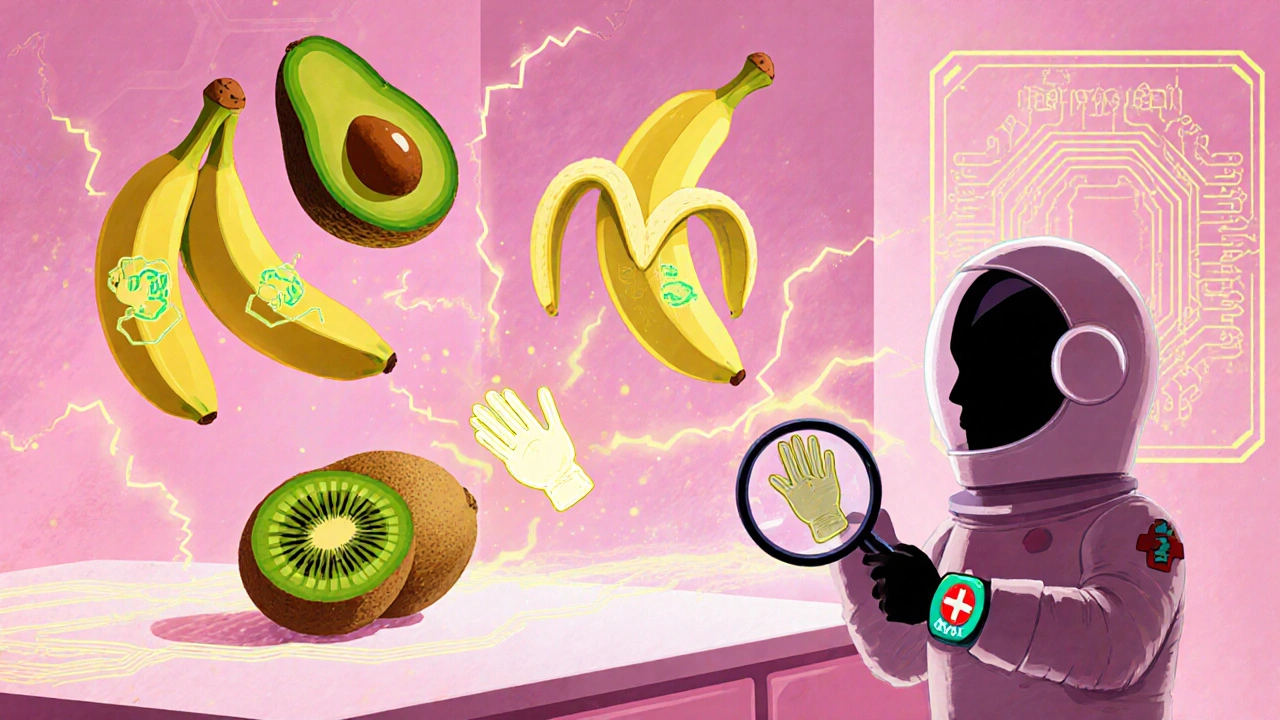 Floating fruits with latex glove icons sparking reactions near a person with a medical alert bracelet.