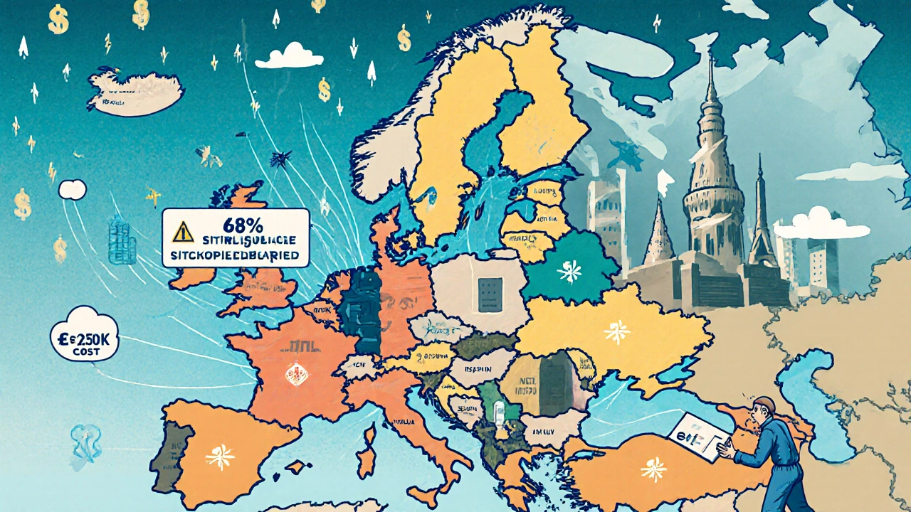 Fragmented EU cities connected by fraying digital threads, with a small worker struggling to submit electronic files amid regulatory warnings.