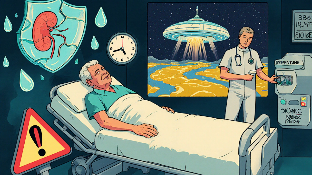 Hospital scene with a senior protected by a water shield while warning signs float around them.