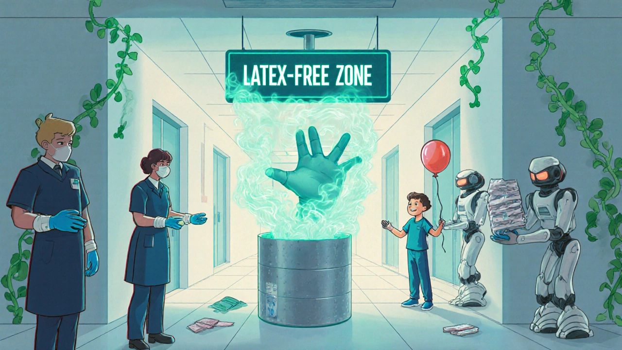 Modern latex-free hospital lobby with holographic signs and friendly robots distributing safe supplies.