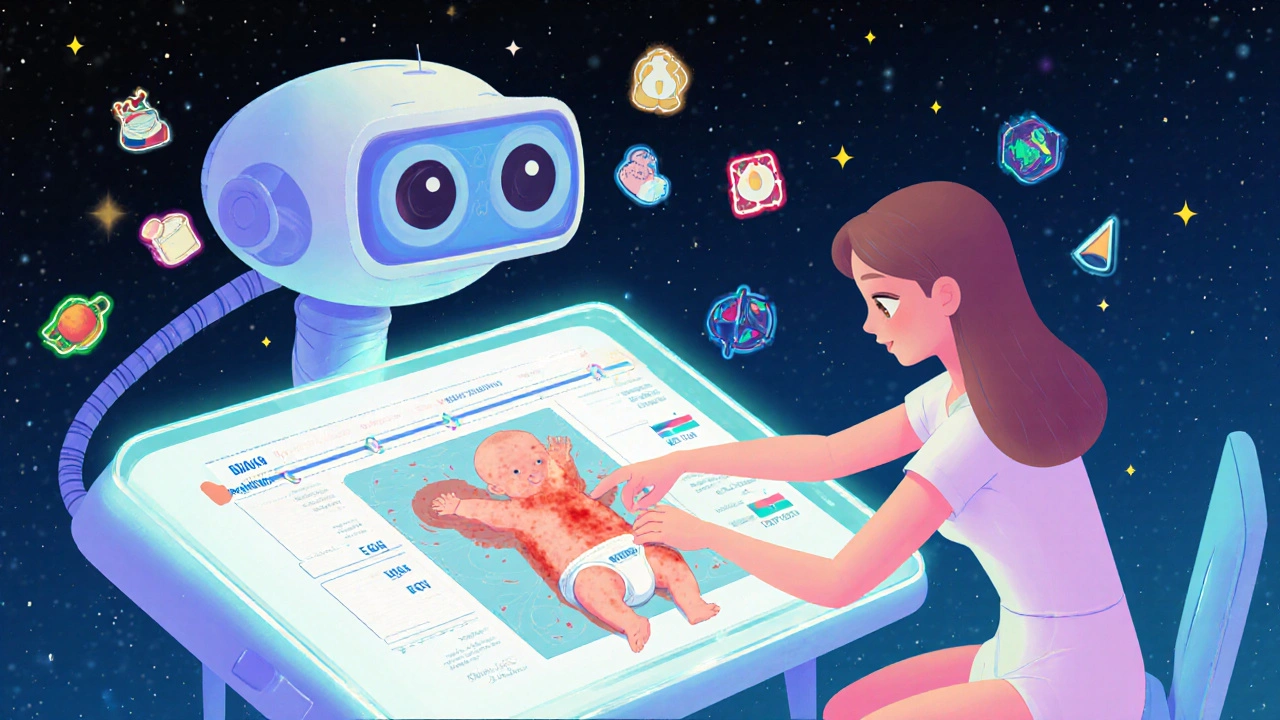 Mother using a holographic food journal to track diaper rash triggers linked to dairy and soy.