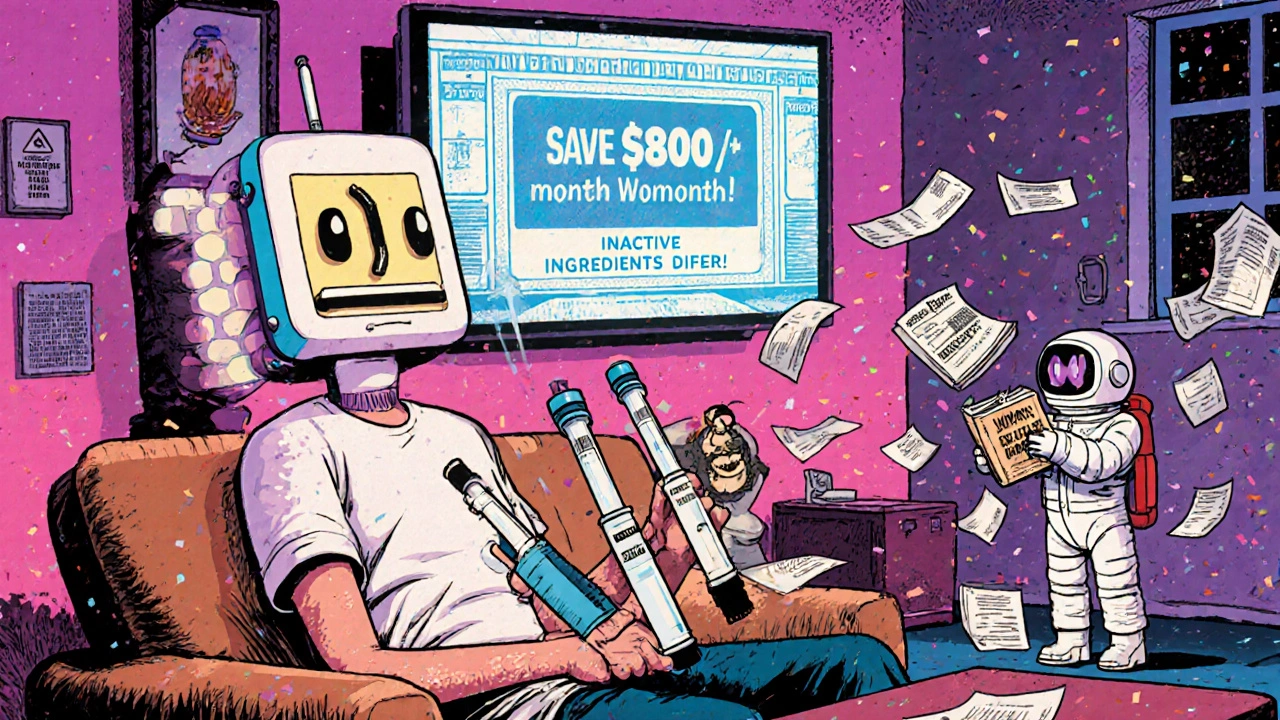 Patient holding two insulin pens as an AI warns about different inactive ingredients in a retro-futuristic room.