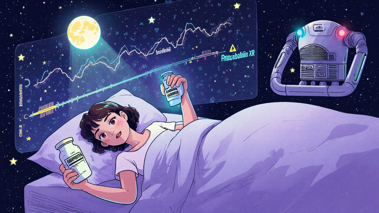 Patient in a floating bed with two drug vials, one glowing moonlit, the other pulsing blue, under a medical symbol starfield.