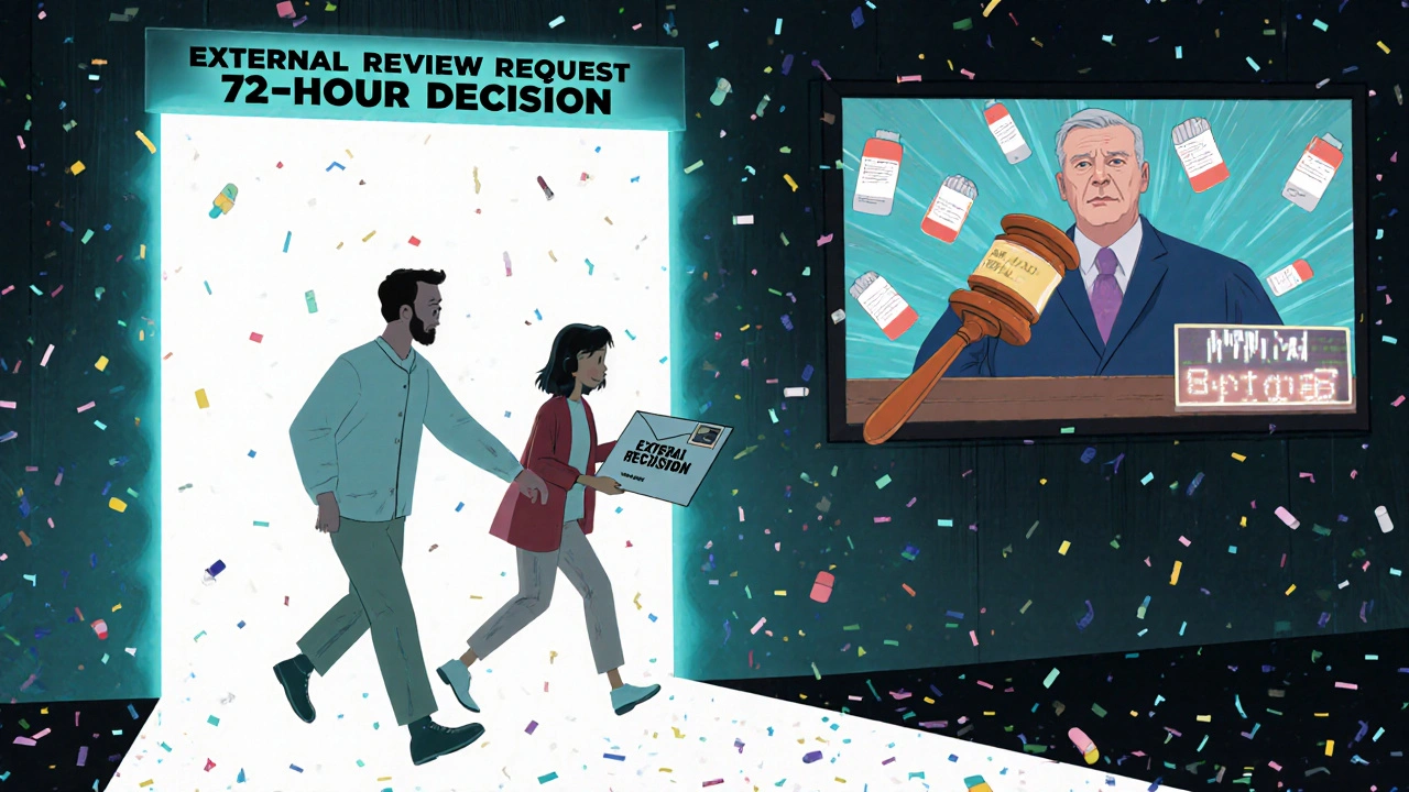 Patient stepping through portal to external review courtroom where judge rules with medical guidelines.