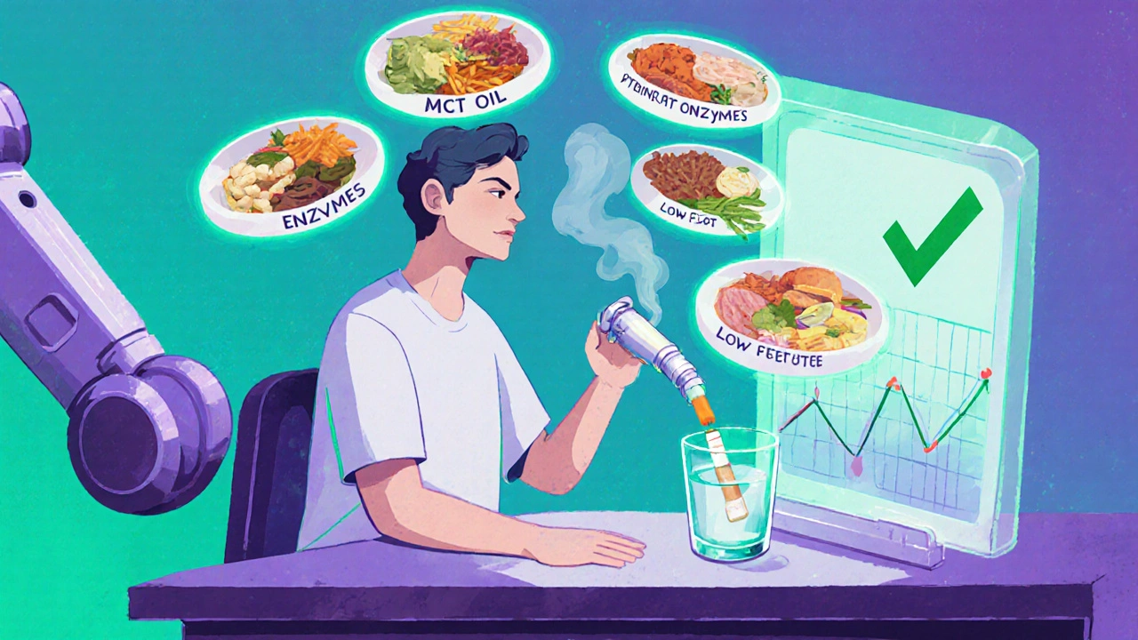 Patient surrounded by floating healthy meals and robotic enzyme dispenser in retro-futuristic style.