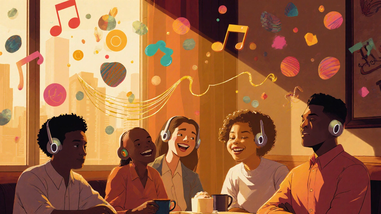 People in a café with peaceful sound shapes floating around them, wearing subtle retro-futuristic ear devices.
