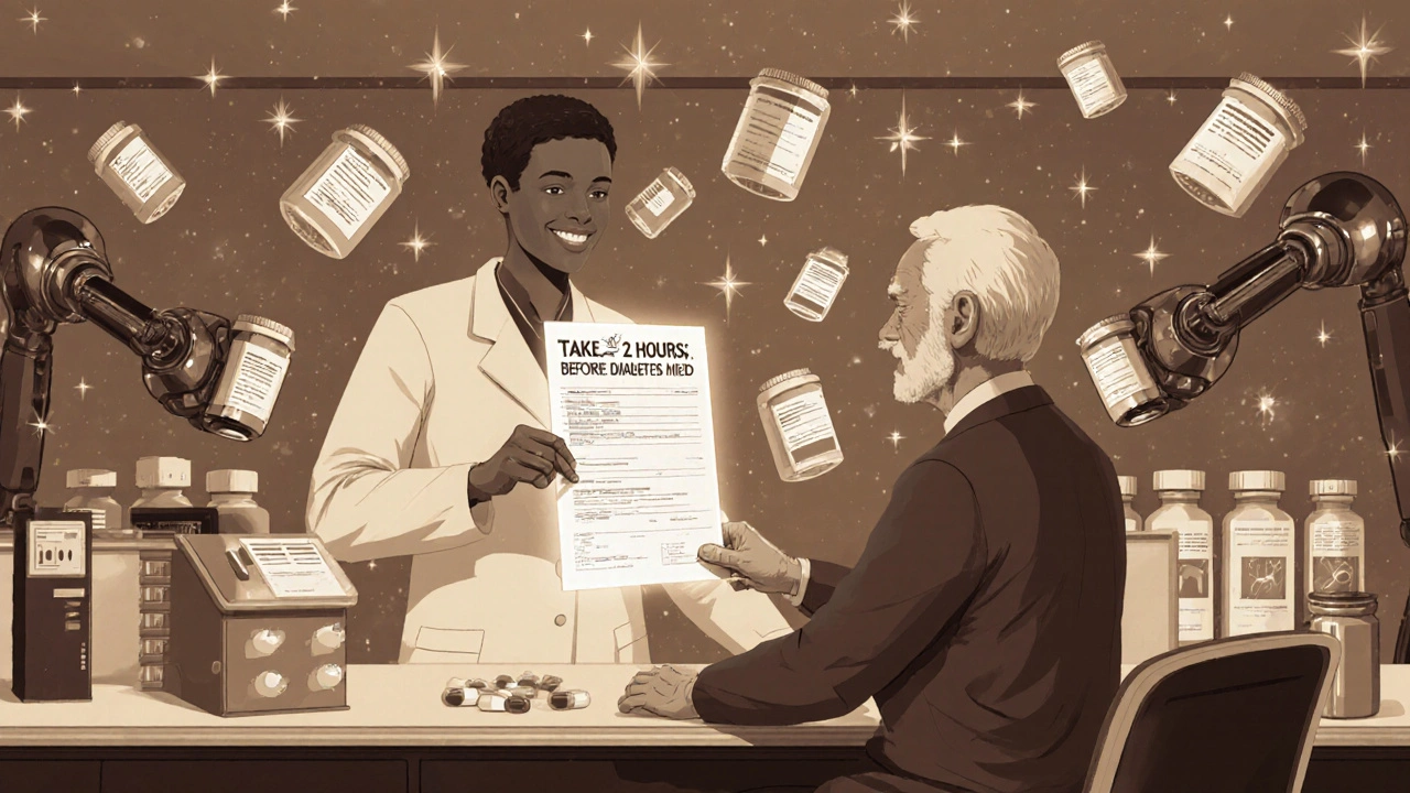 Pharmacist giving glowing digital prescription card with animated timing instructions to senior