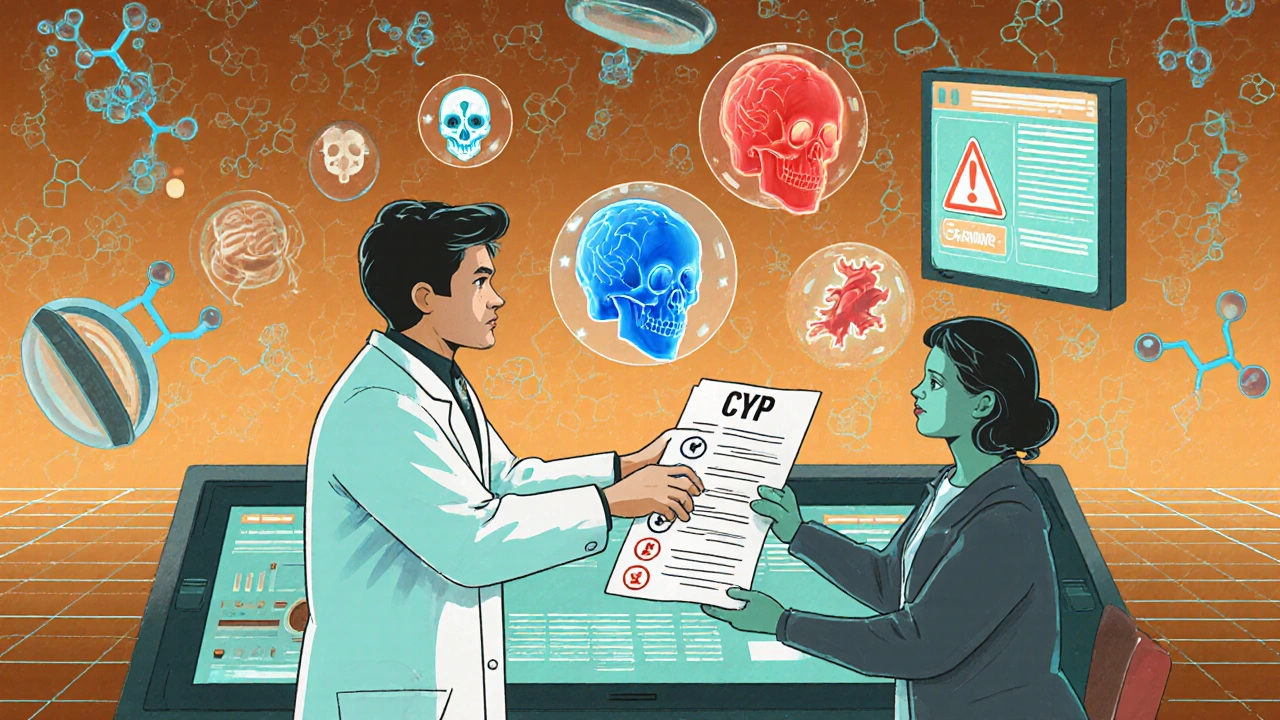 Pharmacist using holographic interface to monitor drug interactions with glowing molecular models.