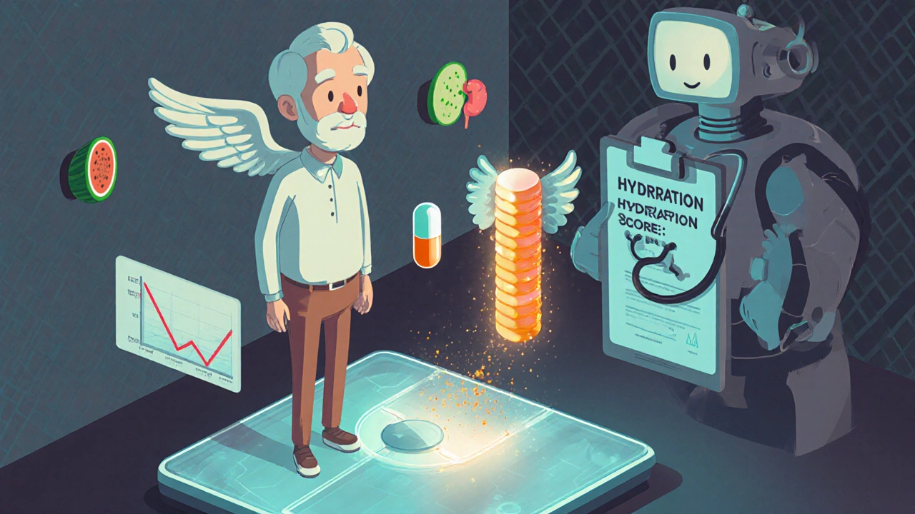 Senior weighing themselves as a robot monitors hydration with floating food and kidney icons.