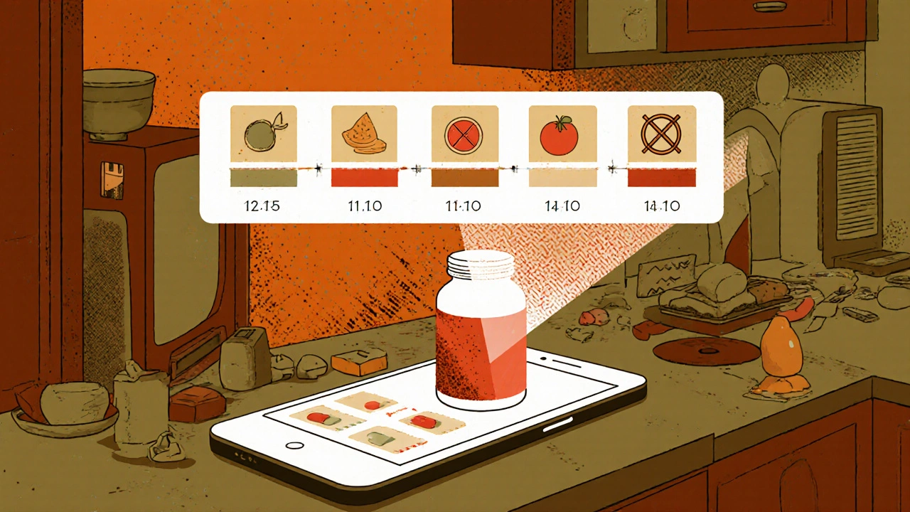 Smartphone scanning pill bottle to project holographic medication schedule with food warnings