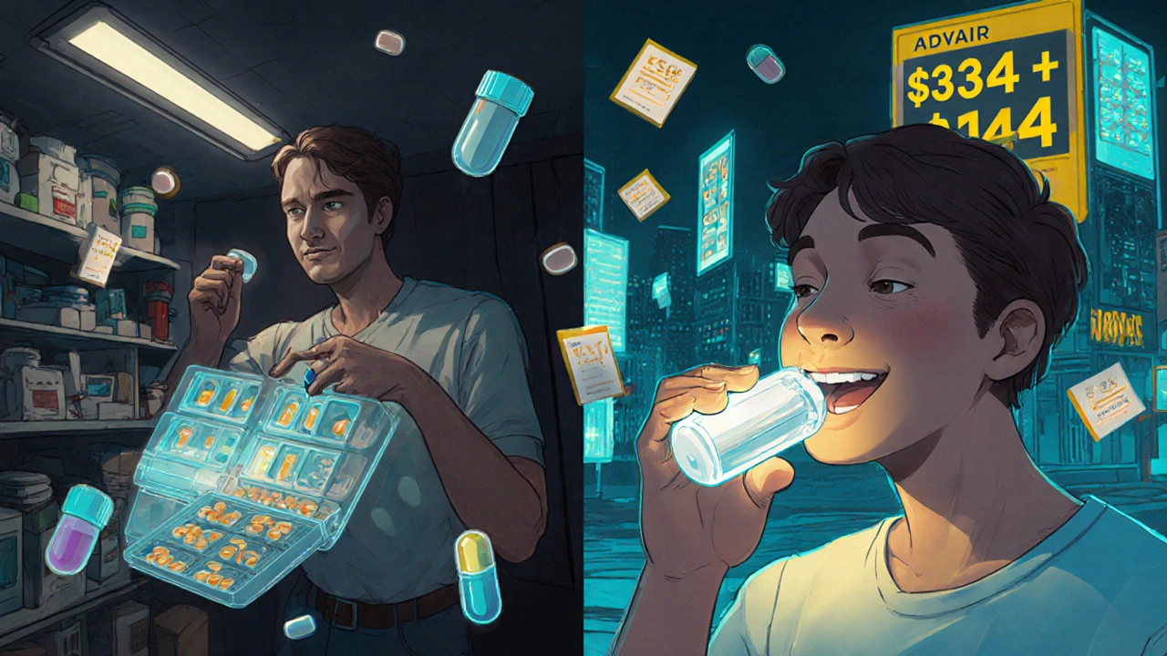 Split-screen comparison: two separate pills vs one combination pill with price drop visuals