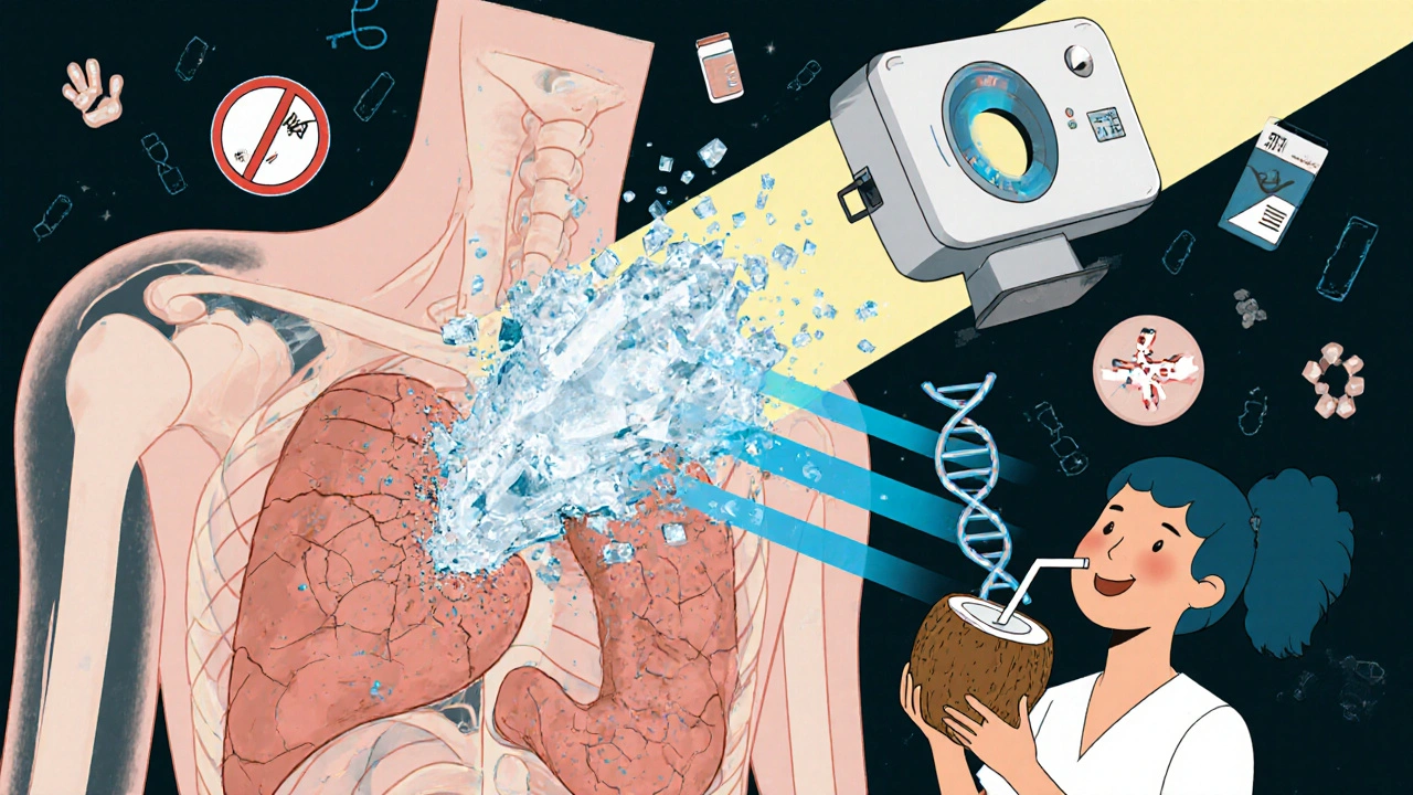 Translucent human torso with damaged pancreas transforming as medical light breaks chains of disease.