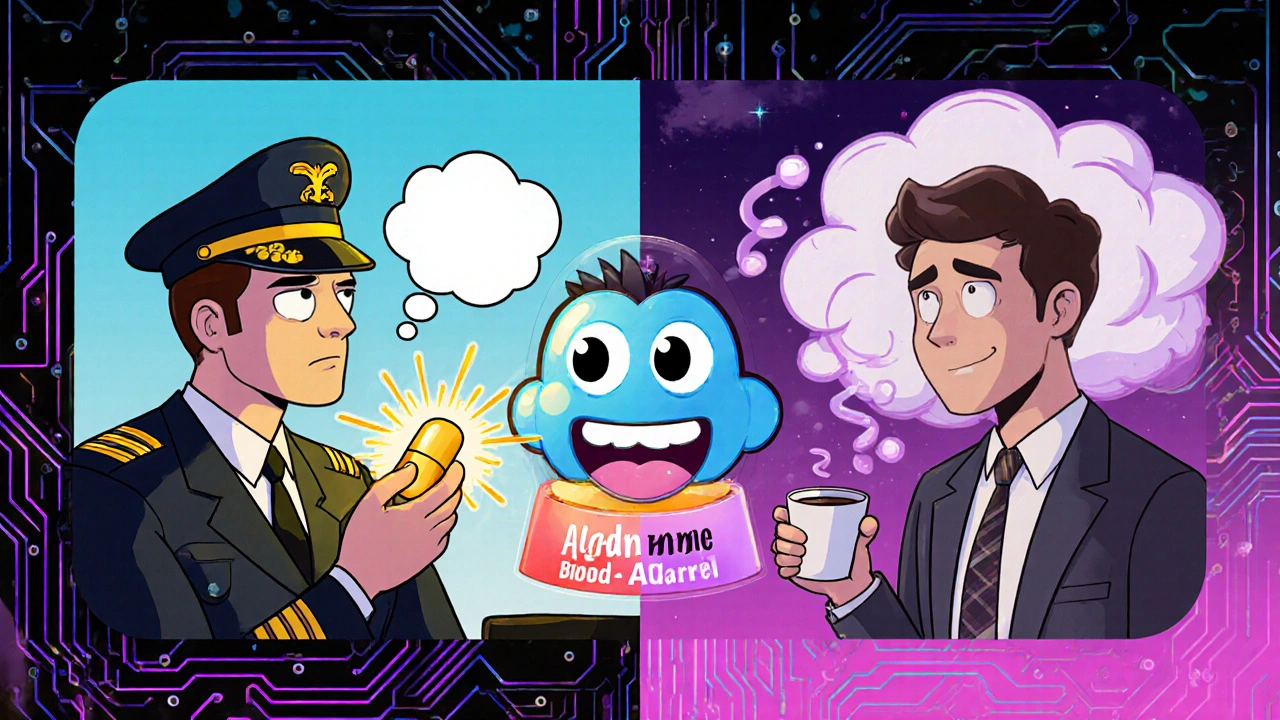 Two commuters: one alert with Allegra under golden light, the other drowsy with Benadryl surrounded by dream clouds.