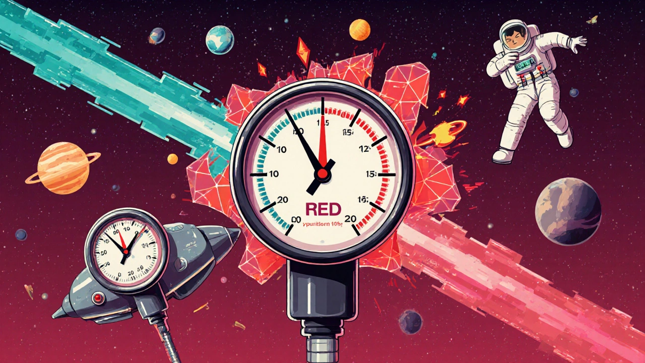 Two drugs colliding in space-like bloodstream, causing blood pressure to crash with warning signs.