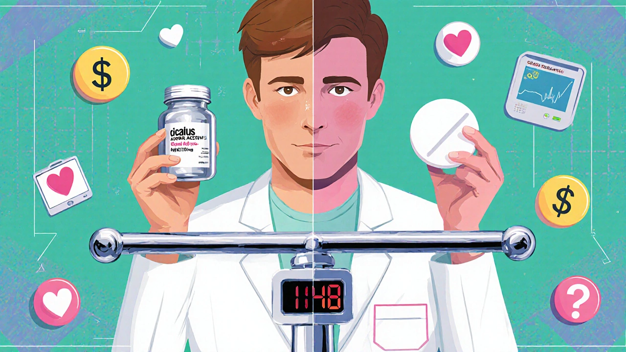 Two identical pills on a digital scale, one branded and expensive, the other generic and cheap, with financial and health icons around them.