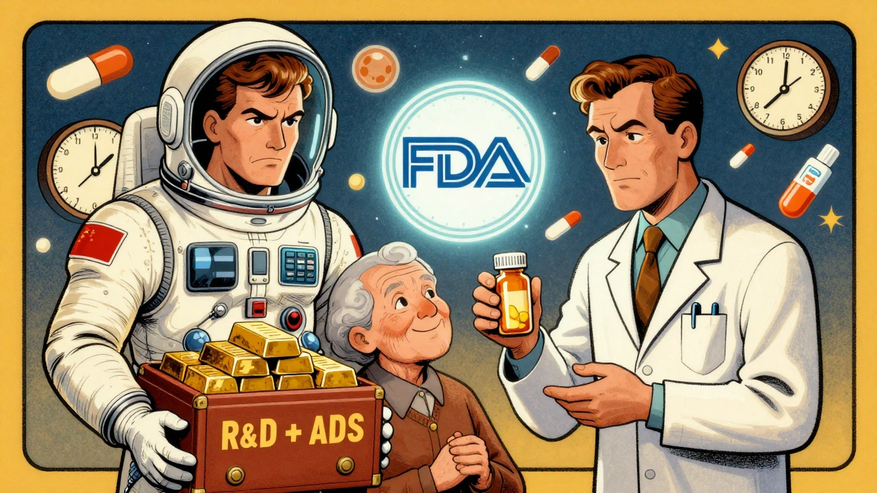 A CEO in two roles hands a generic pill to a senior, with patent clocks and drug icons floating around them in a retro-futuristic scene.