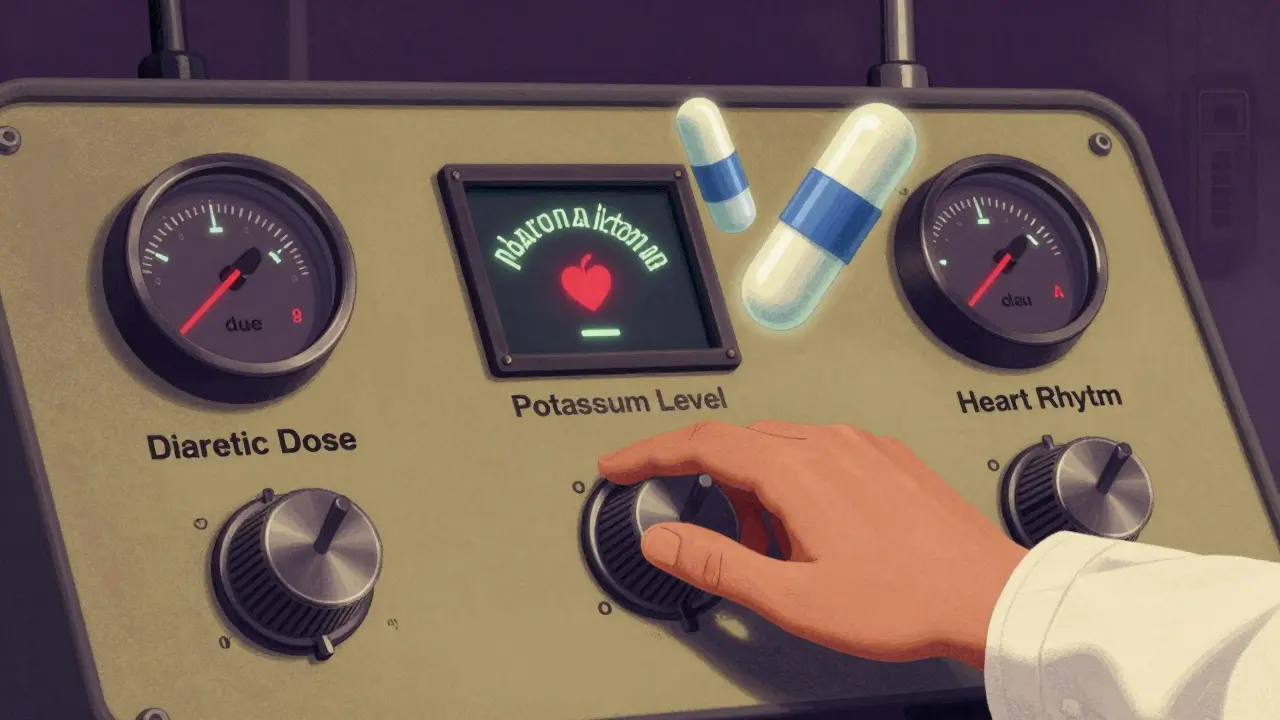 A control panel with heart and potassium gauges, guarded by two glowing pills in retro-futuristic lab setting.