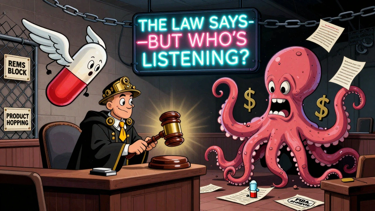 A courtroom scene where a generic pill battles corporate tentacles and REMS fences under a glowing legal warning.
