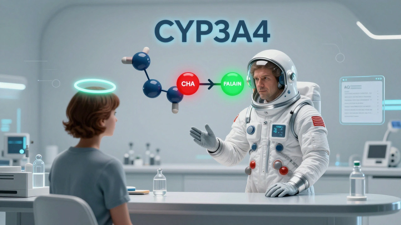 A doctor explains statin types using a glowing enzyme diagram in a futuristic clinic.