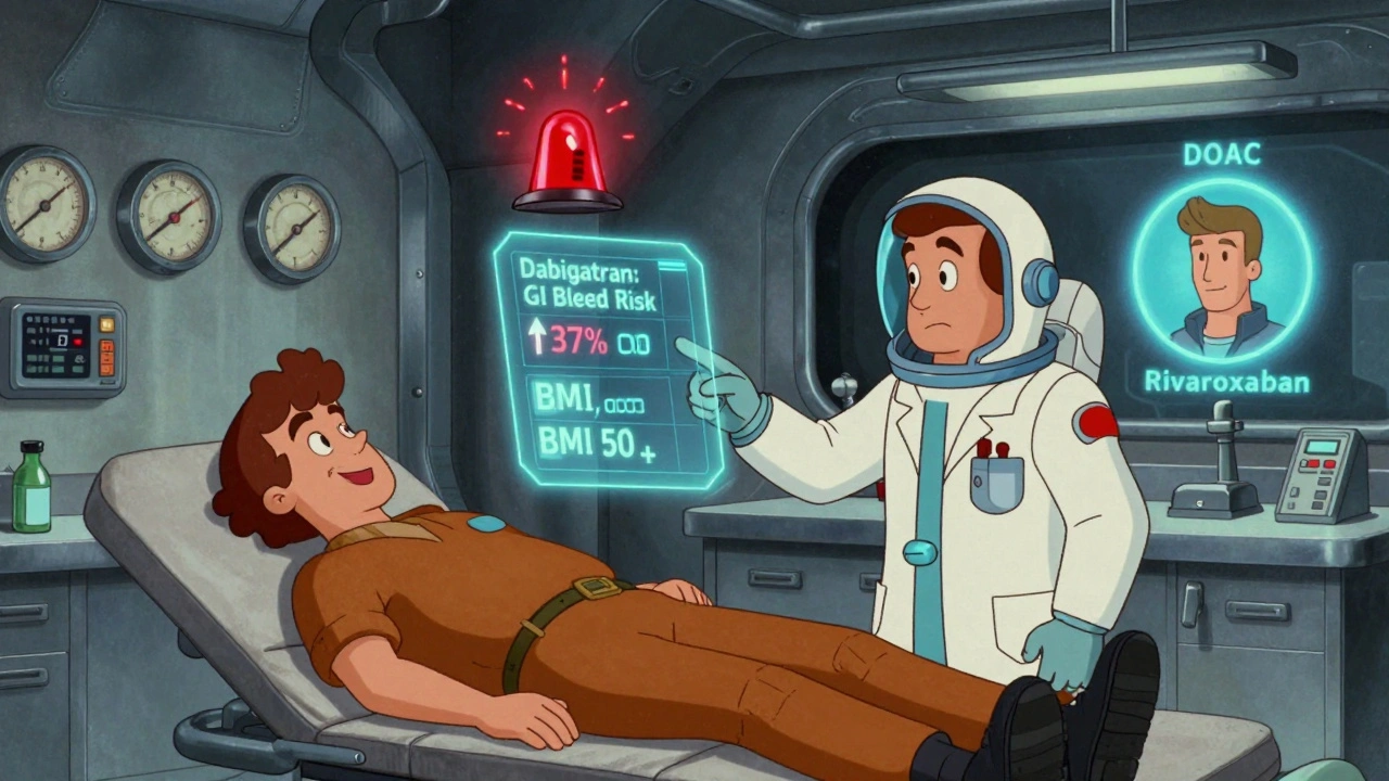 A doctor warns against dabigatran in a retro-futuristic clinic with glowing risk indicators.
