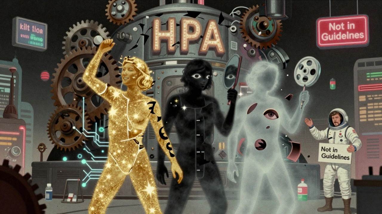 A fragmented person split into euphoric, paranoid, and foggy versions, behind a crumbling pill-powered machine.