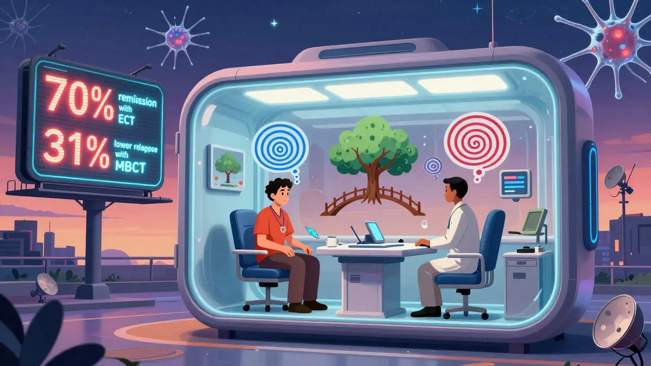 A futuristic therapy pod where thoughts transform from negative spirals into positive symbols.