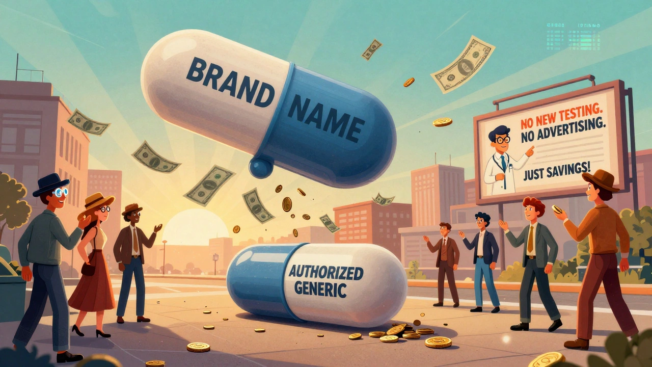 A giant branded pill rains money while a generic pill drops coins, with smiling citizens below in a retro-futuristic town.