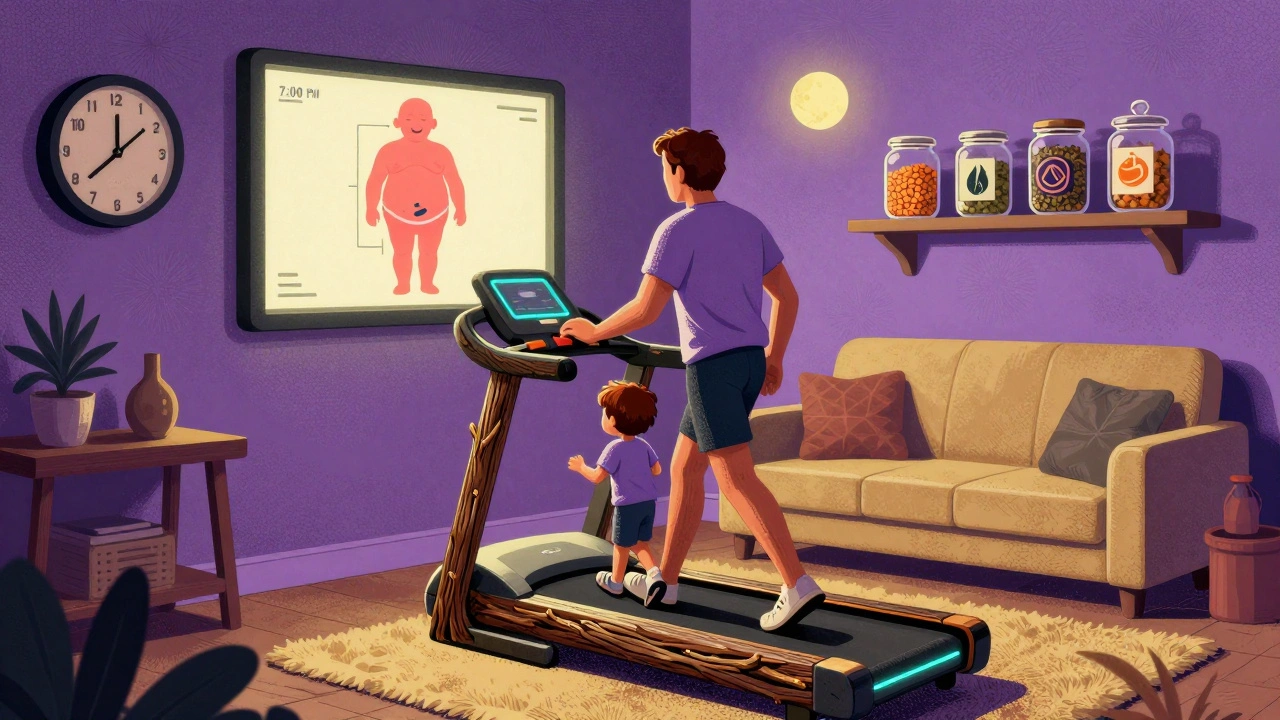 A man and grandson walking on a tree-branch treadmill at night, with a screen showing shrinking fat and warm retro lighting.