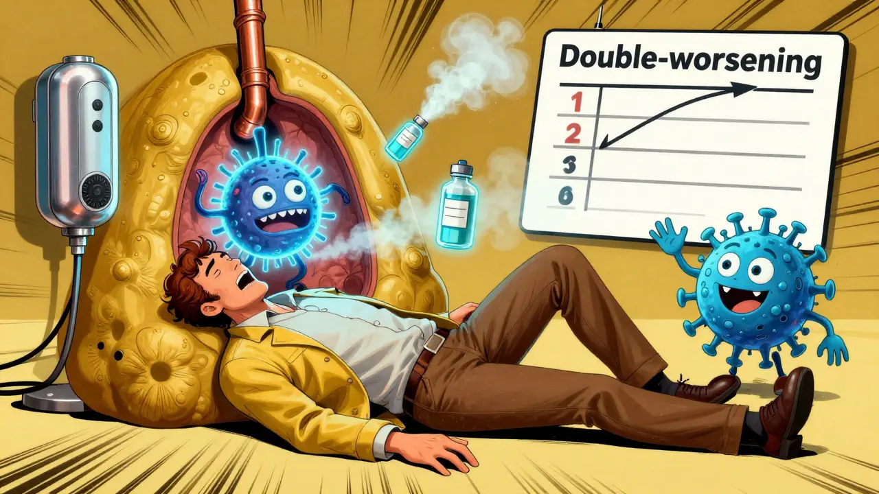 A man experiences worsening sinus symptoms as a cartoon bacteria monster emerges, while a virus fades away.