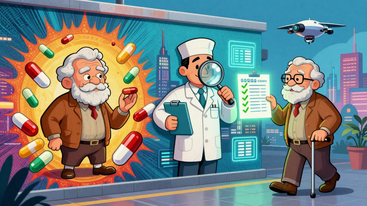 A mural shows a senior’s journey from confused pill overload to confident health management with a pharmacist’s help.