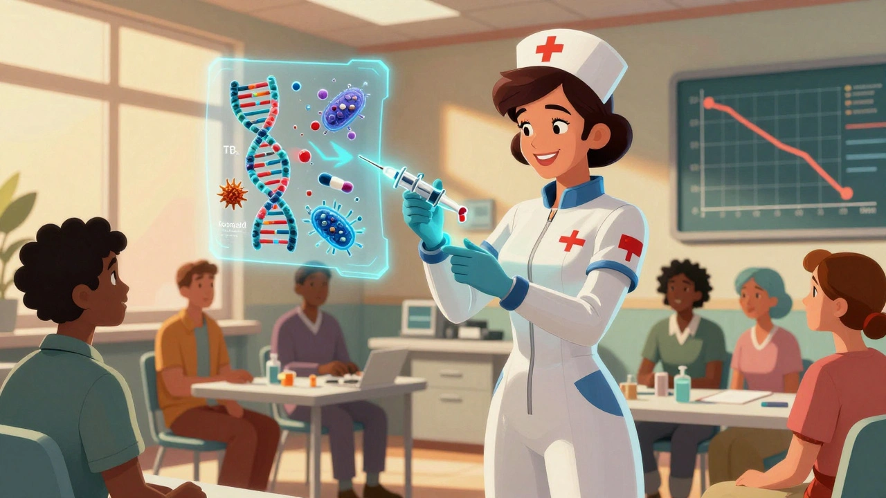 A nurse in retro-futuristic suit gives TB treatment to patients, with holographic drug molecules dissolving bacteria in a community clinic.