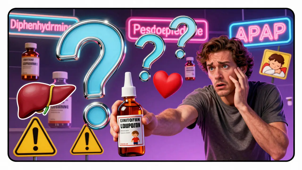 A parent pauses before giving cough syrup as giant warning icons hover nearby, labeled with active drug names in retro-futuristic font.