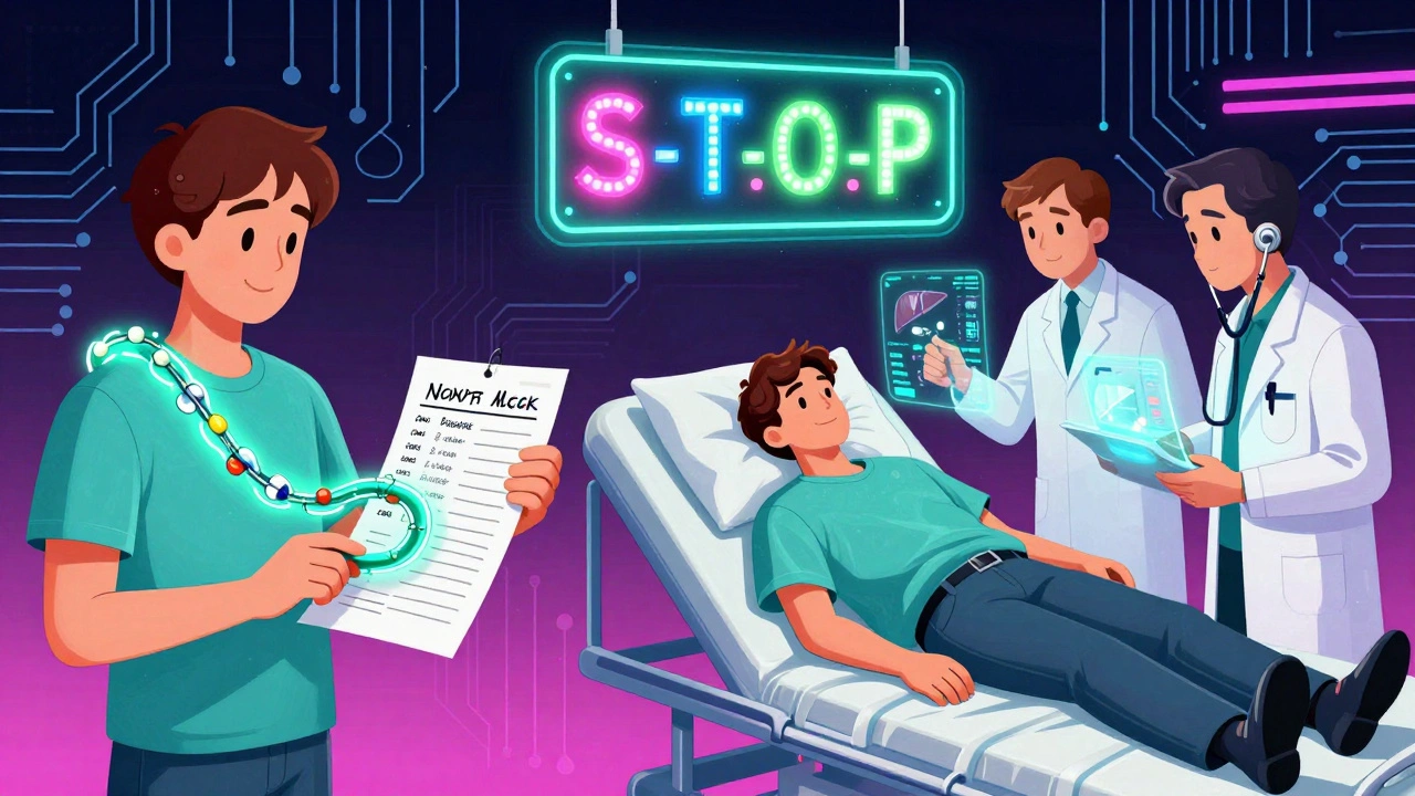 A patient holds a glowing medication list on one side, collapsed in an ER with holographic liver readings on the other, under a pulsing STOP sign.