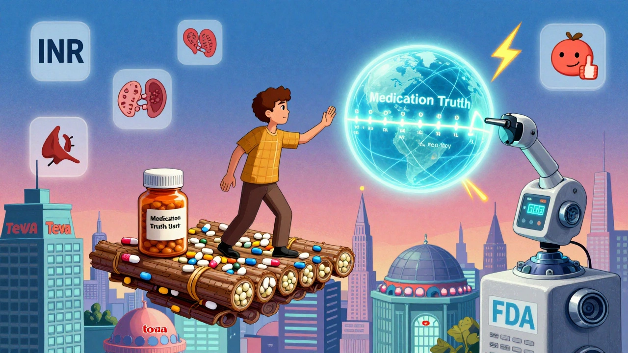 A patient reaches for a glowing orb projecting their medication history while pharmacy buildings shift around them.