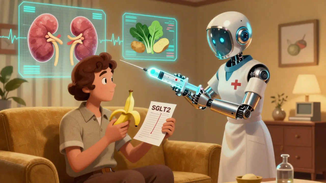 A patient receiving a futuristic potassium-balancing pill while bananas and blood tests appear around them.