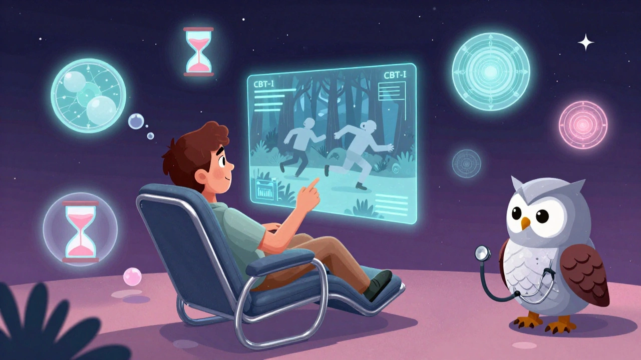 A patient rewrites a nightmare on a hologram while floating CBT-I symbols glow around them in a zero-gravity room.