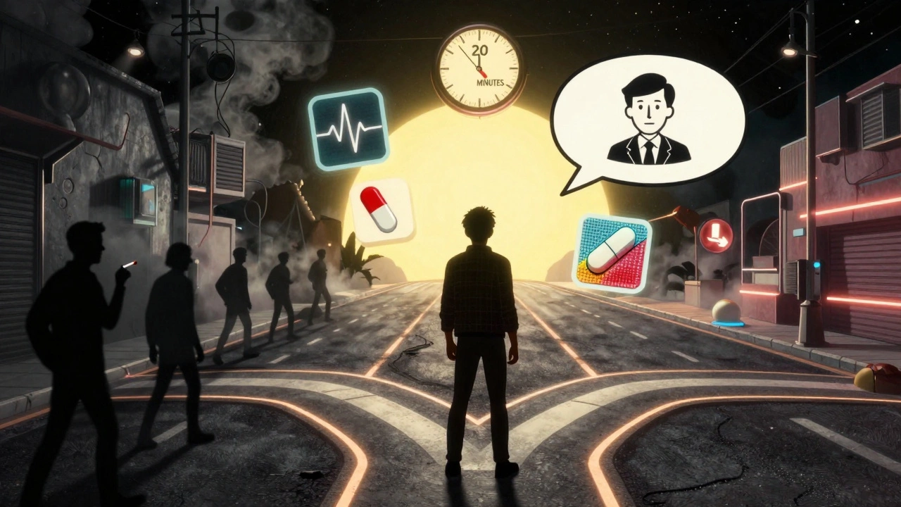 A person choosing between a smoky path and a glowing healing highway in a 1960s sci-fi style.