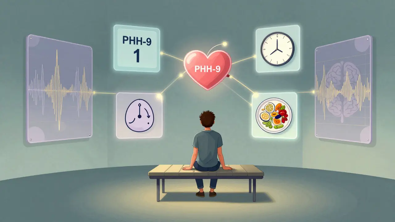 A person on a floating bench surrounded by floating panels showing sleep, diet, and mindfulness icons.