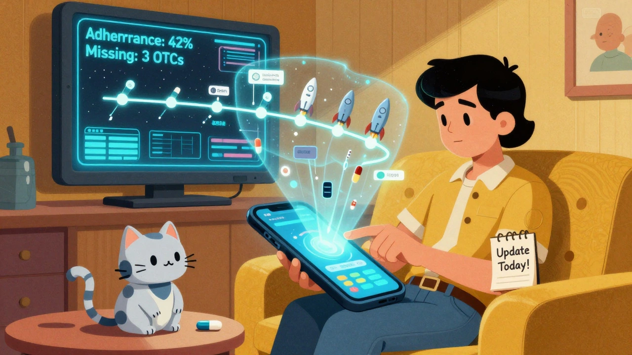 A person updates a 3D medication timeline on a smartphone, with a space-station-style monitor showing low adherence and missing OTC drugs.