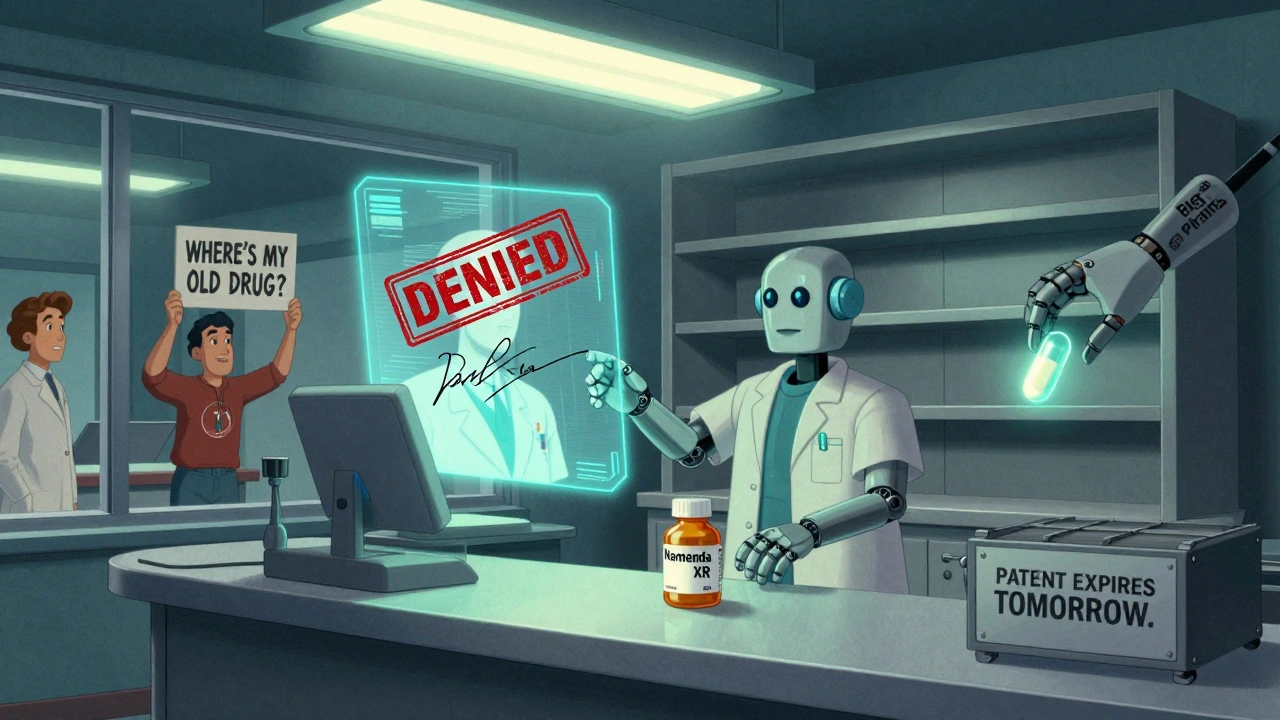 A robotic pharmacist reaches for an empty shelf as a patented drug glows alone, while a mechanical hand removes the original pill.