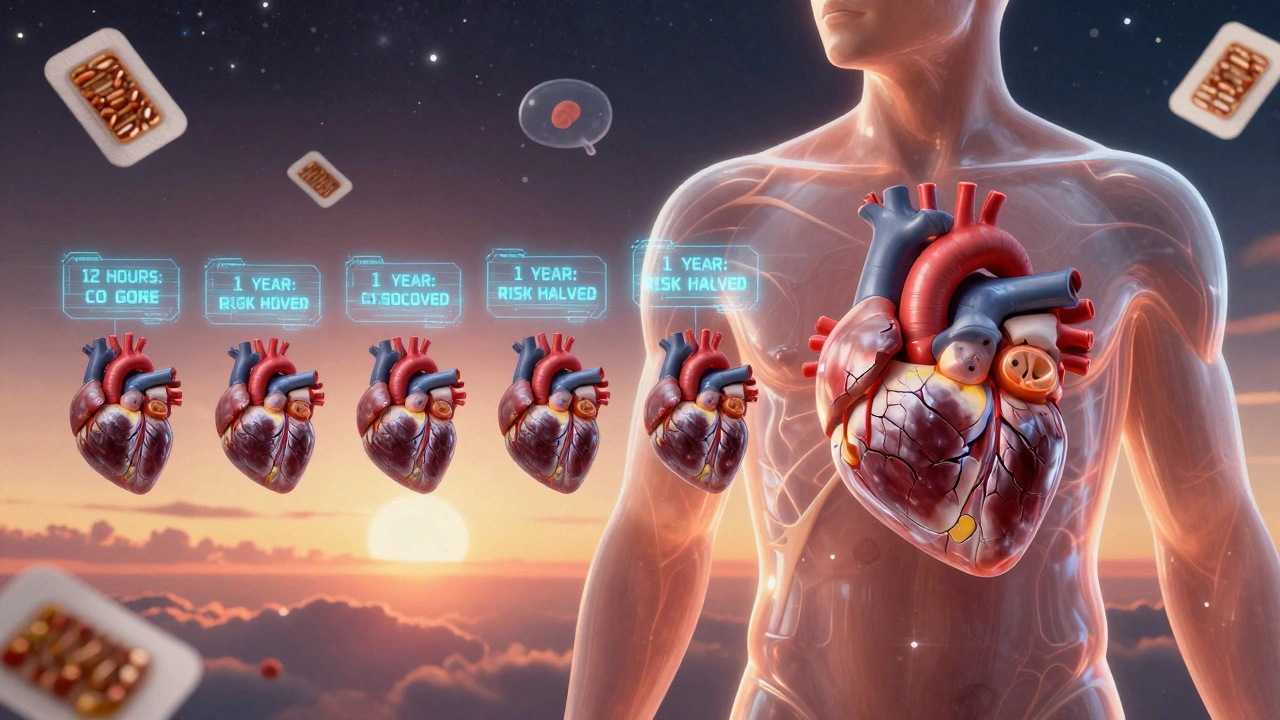 A transparent torso showing a heart healing over 15 years with futuristic health readouts.