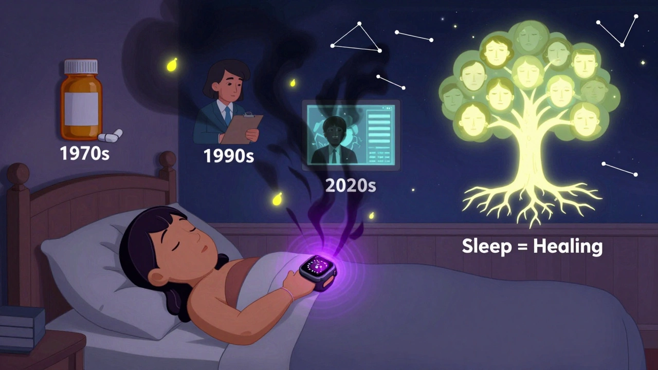 An Apple Watch sends calming vibrations that turn nightmare shadows into fireflies, under a mural of healing sleep history.