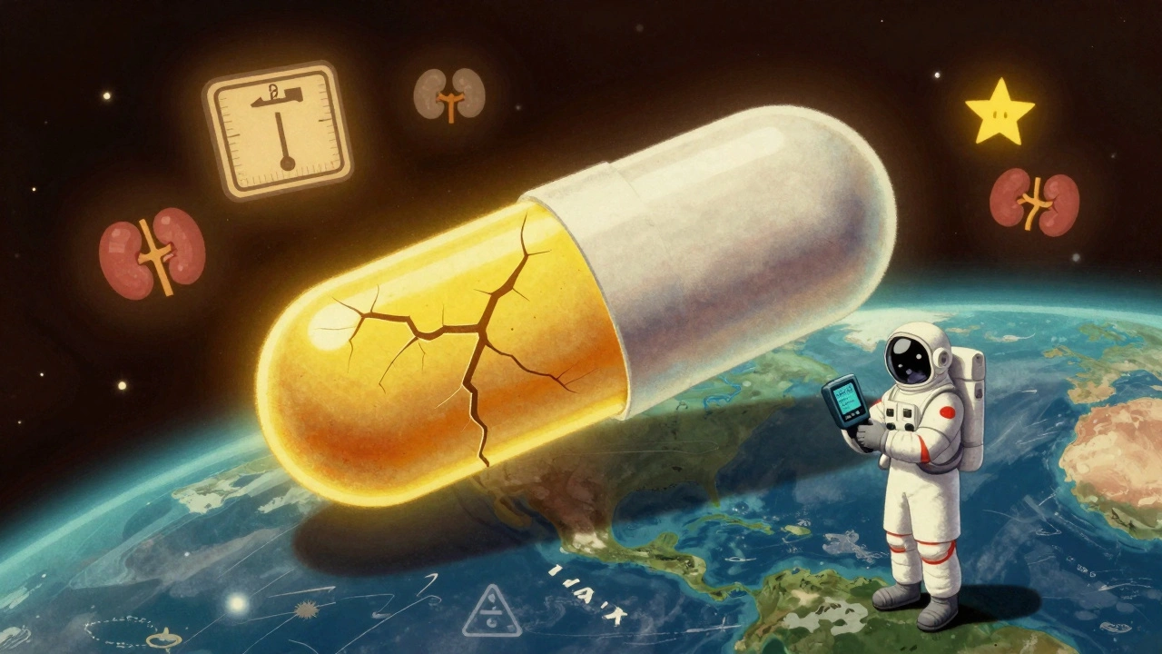 An edoxaban tablet in space shows cracked sections indicating low drug levels in obese patients.