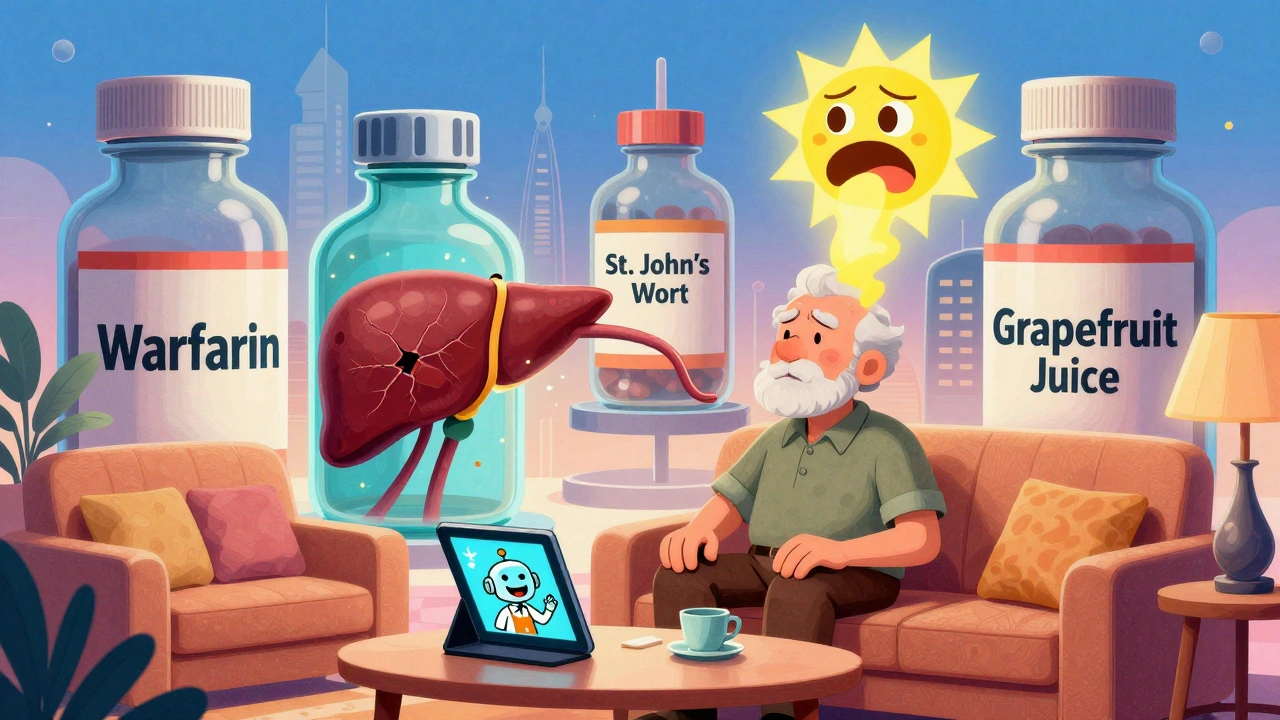 An elderly man is dwarfed by towering medication bottles, one leaking a warning aura, with a grapefruit glowing like a hazard sign.